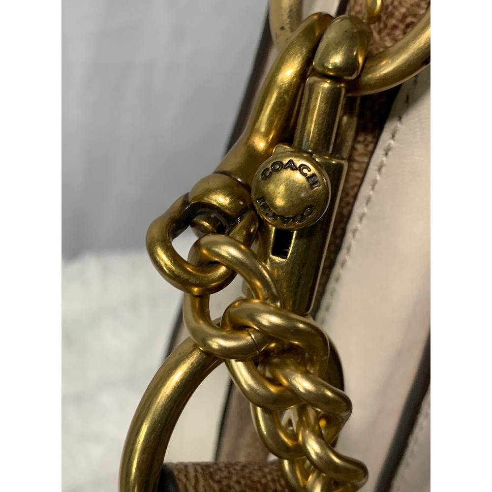 Coach Dreamer Shoulder Bag Chalk White Leather Signature Canvas Gold Chain#866 - Picture 14 of 16
